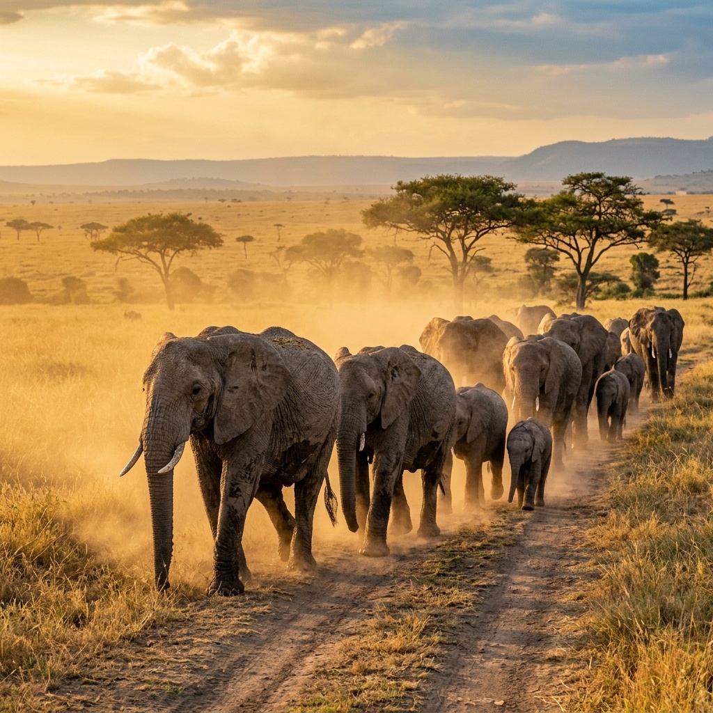 African Elephant Herd on Open Savanna