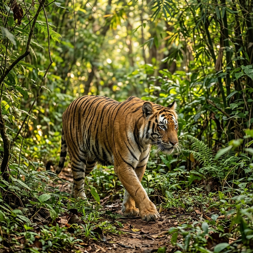 Bengal Tiger Walking in Lush Jungle