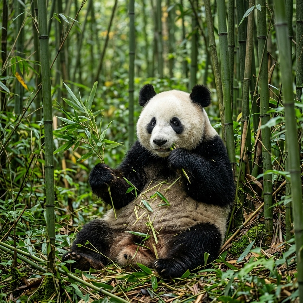 Giant Panda Sitting in Dense Bamboo Forest