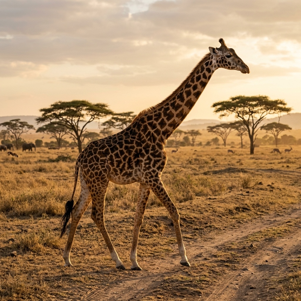 Giraffe Walking Across African Savanna