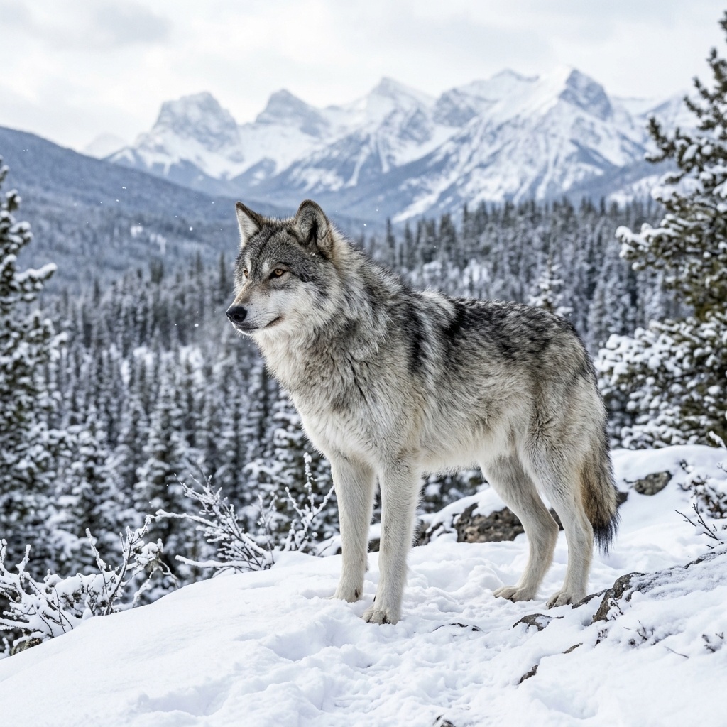 Gray Wolf in Snowy Wilderness Landscape