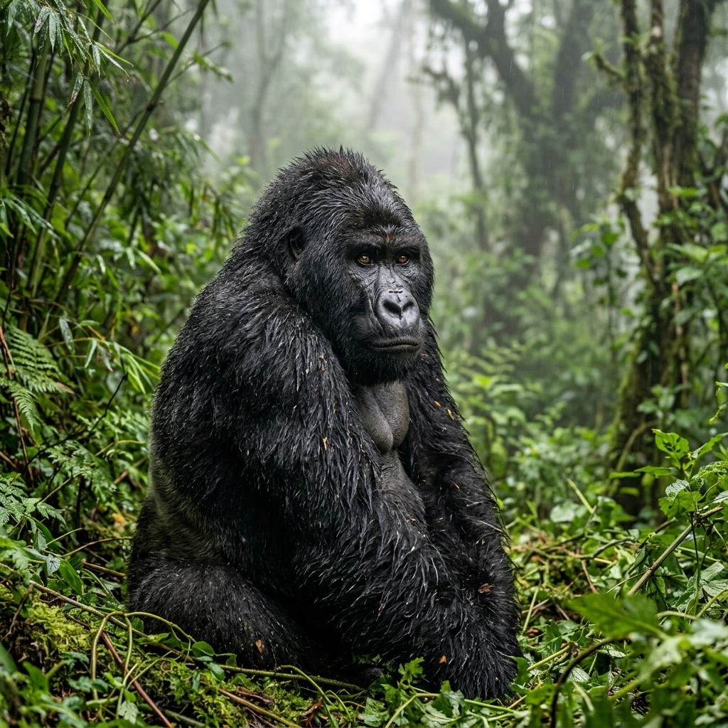 Mountain Gorilla in Misty Tropical Forest