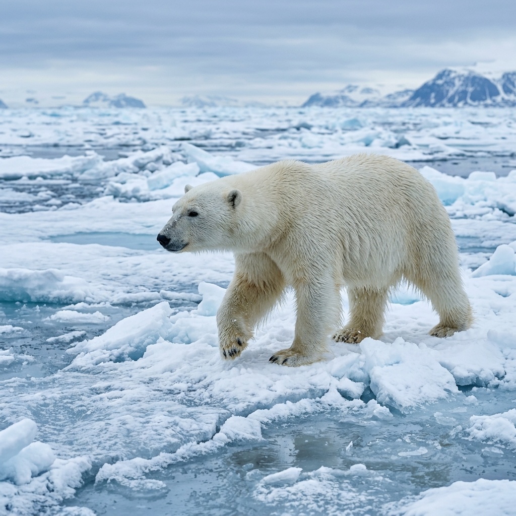 Polar Bear Walking Across Arctic Sea Ice