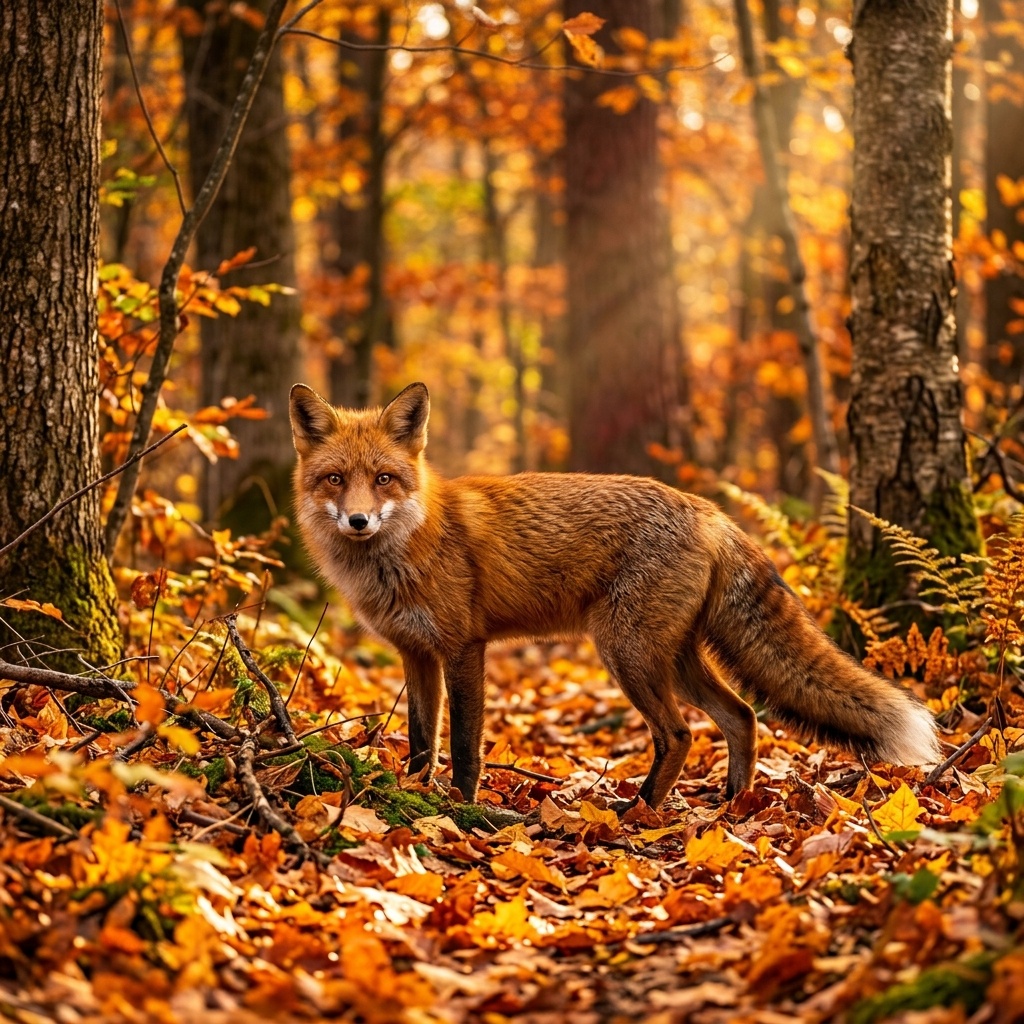 Red Fox in Autumn Forest Foliage