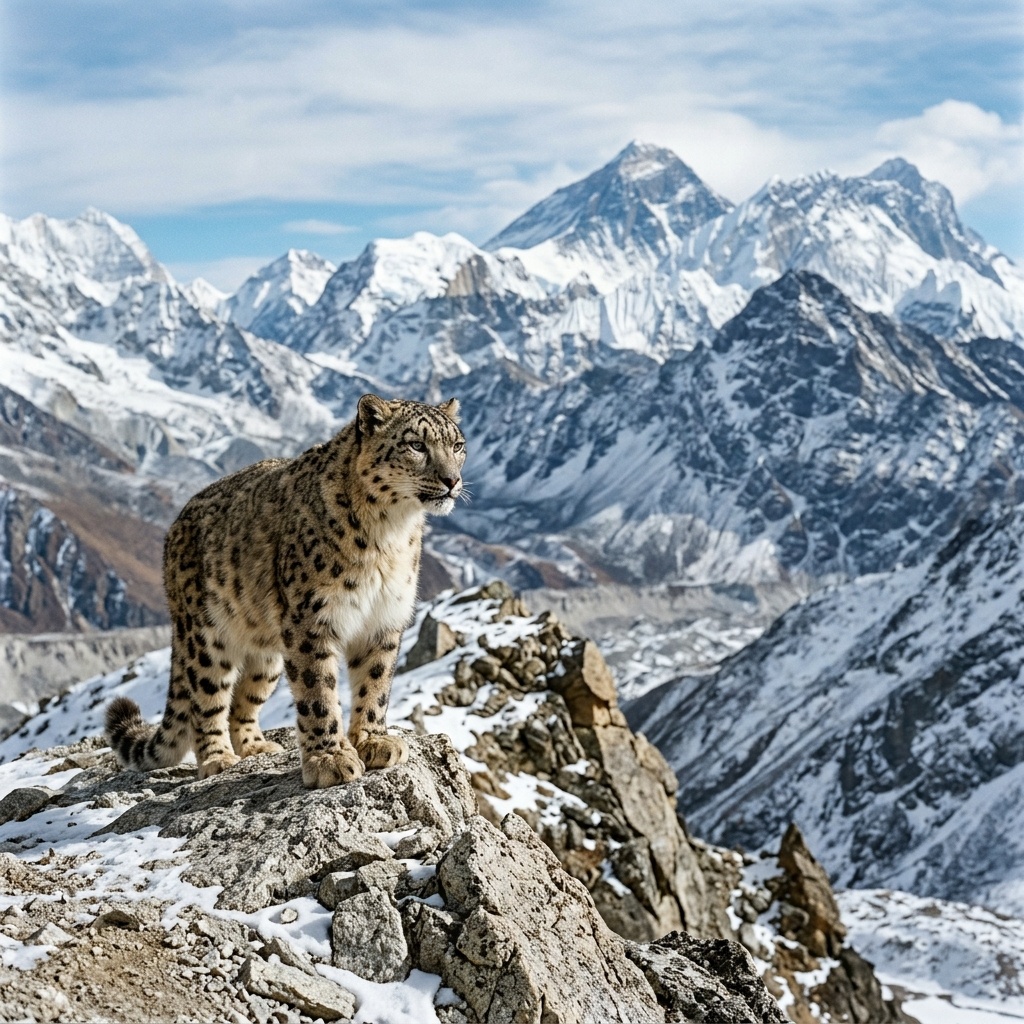 Snow Leopard on Himalayan Mountain Ridge