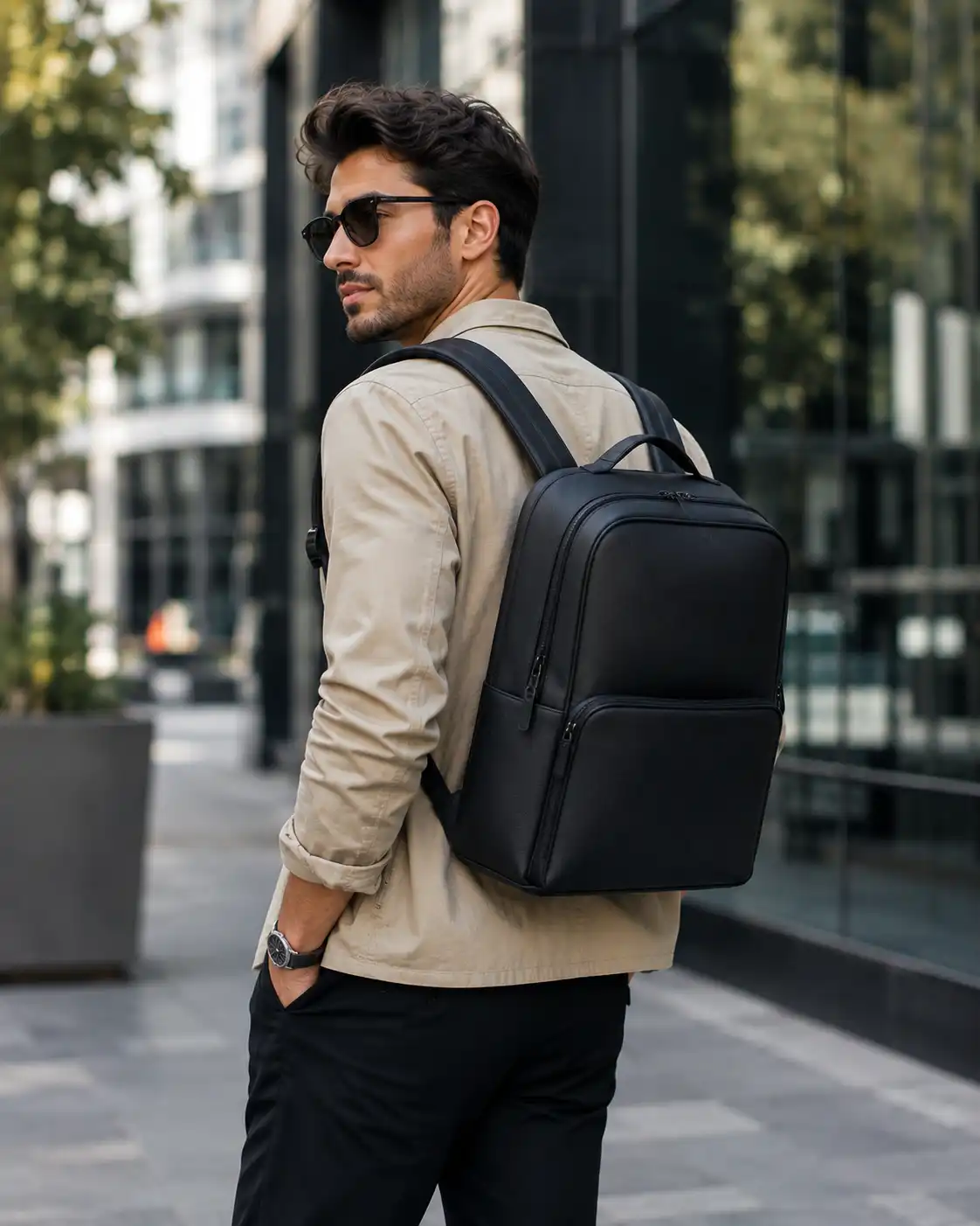 Man Wearing a Stylish Backpack