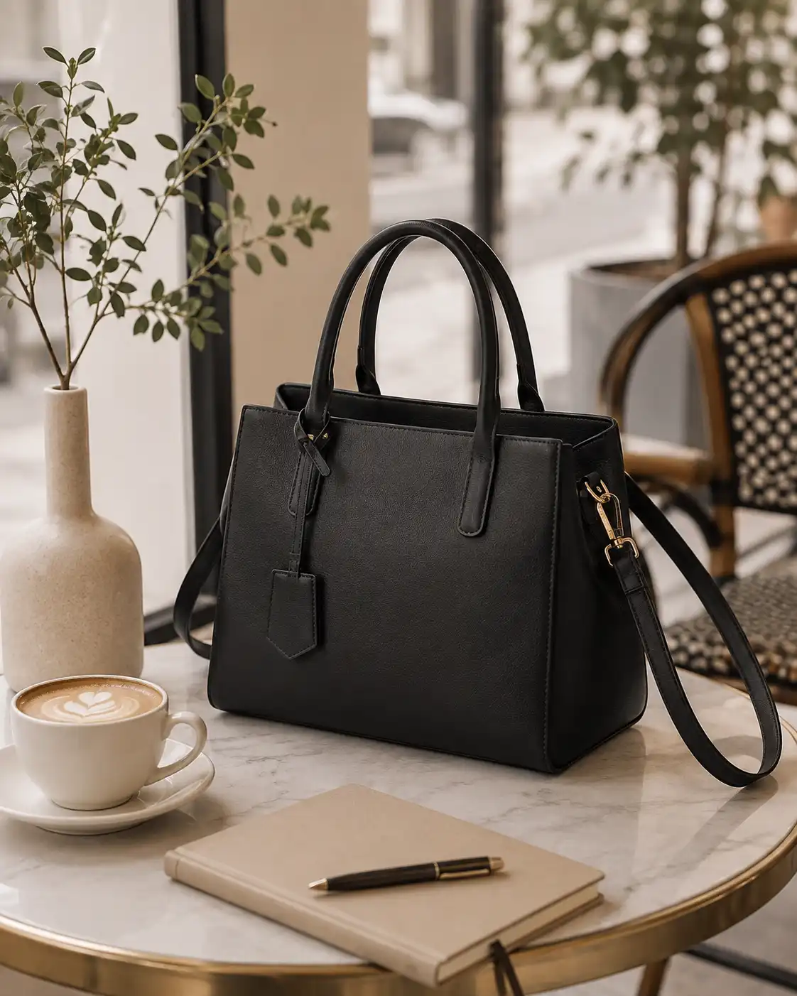 Minimalist Handbag on a Café Table