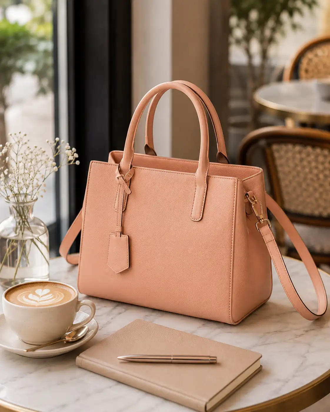 Peach Minimalist Handbag on a Café Table