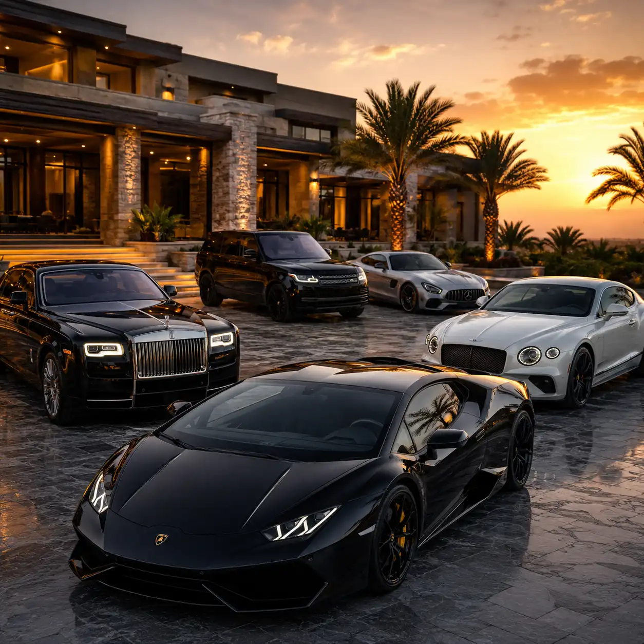 Luxury Cars at a Modern Mansion