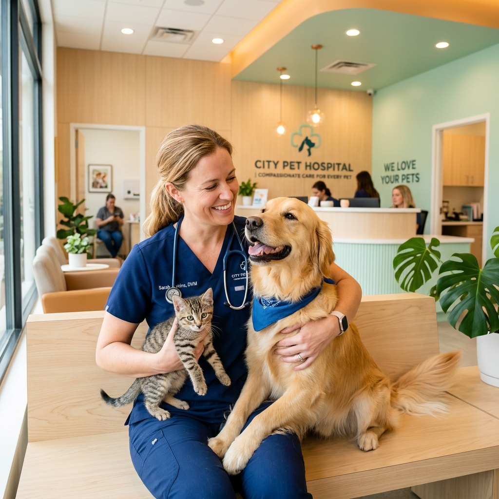 Veterinarian with cute pets